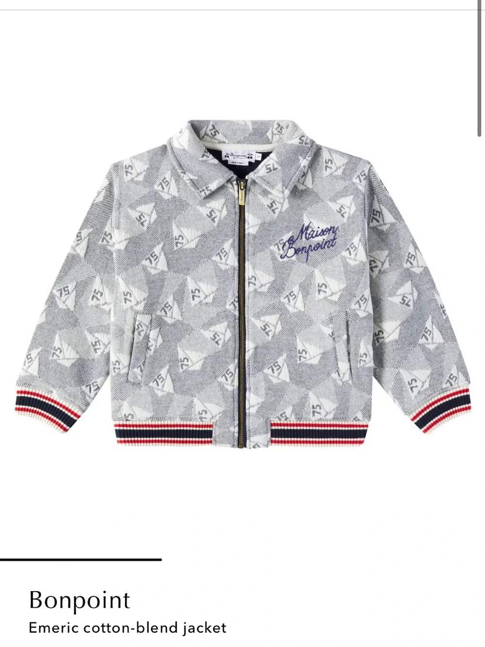 Bonpoint Gray Patterned Kids Zip Puffer Jacket with Red & Navy Trim